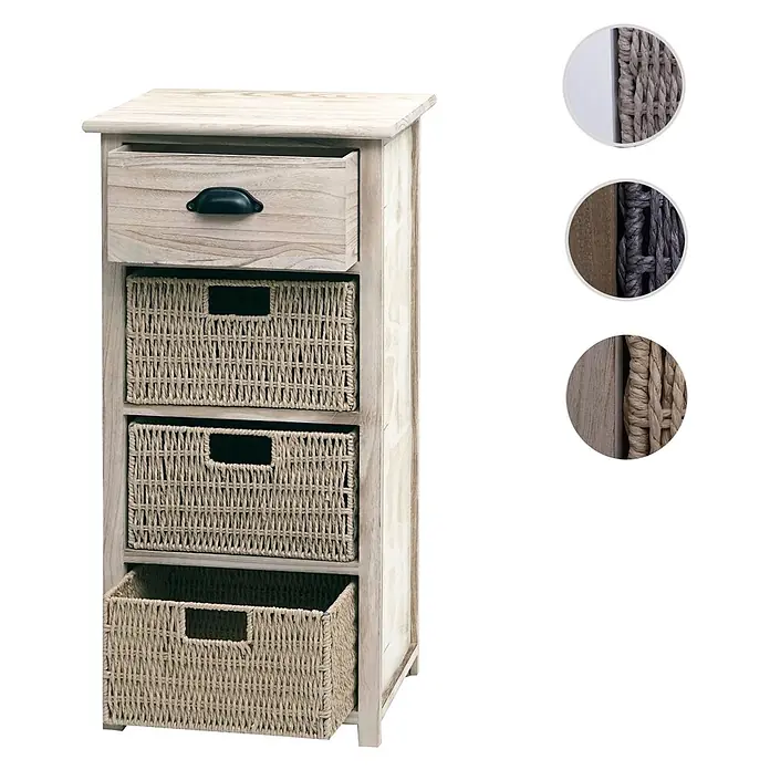 Mendler Kommode HWC-K84 - L x B x H: 40 x 29 x 83 cm, Natur, Körbe hellbraun, Anzahl Schubladen: 1 Stk. - Helles Holzregal mit einer Schublade und drei geflochtenen Körben.
