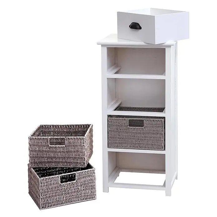 Mendler Kommode HWC-K84 83x40x29cm - weiß, Körbe grau -  - Weißes Holzregal mit drei geflochtenen Körben und einer Schublade.