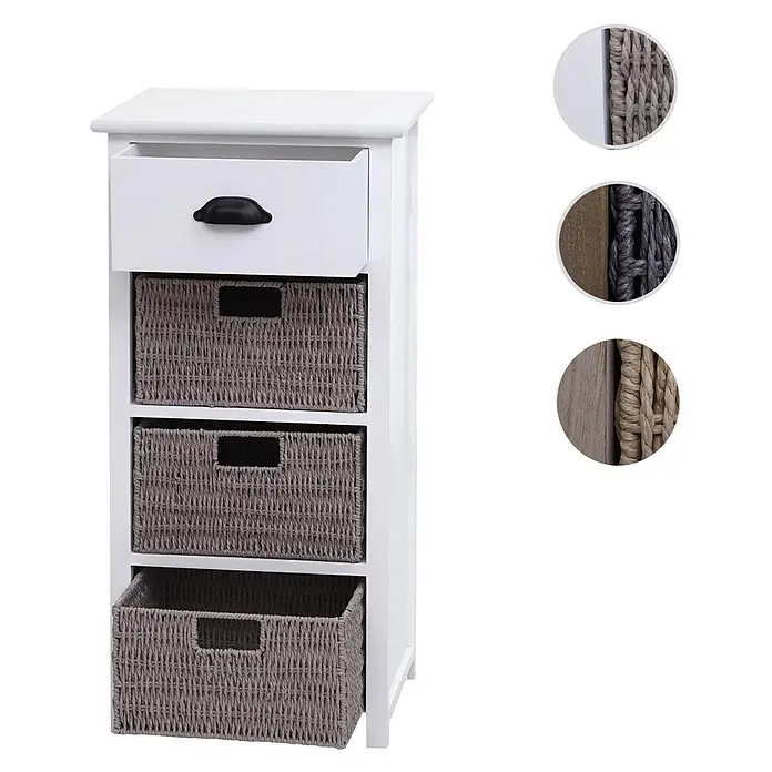 Mendler Kommode HWC-K84 83x40x29cm - weiß, Körbe grau -  - Weißer Holzschrank mit einer Schublade oben und drei grauen geflochtenen Körben. Ideal zur Aufbewahrung kleiner Gegenstände.
