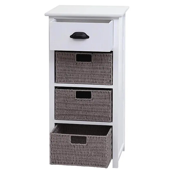 Mendler Kommode HWC-K84 83x40x29cm - weiß, Körbe grau -  - Weißer Schrank mit einer Schublade und drei grauen geflochtenen Aufbewahrungskörben.
