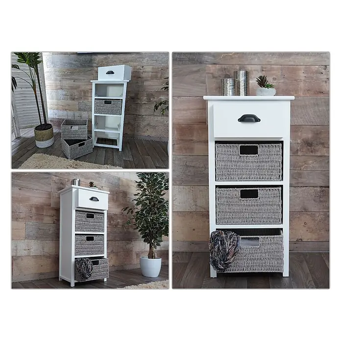 Mendler Kommode HWC-K84 83x40x29cm - weiß, Körbe grau -  - Weißes Holzregal mit einer Schublade und drei grauen Korbschubladen, in einem Raum stehend.