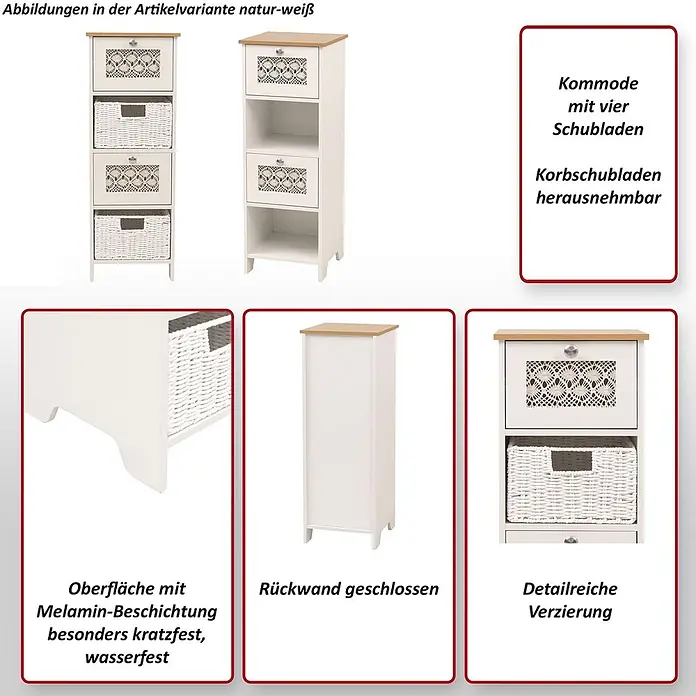 Mendler Kommode HWC-O75 82x30x30cm Holz - braun -  - Schmale weiße Kommode mit Holzplatte, kratzfester, wasserfester Oberfläche, zwei Schubladen und zwei herausnehmbaren Körben.