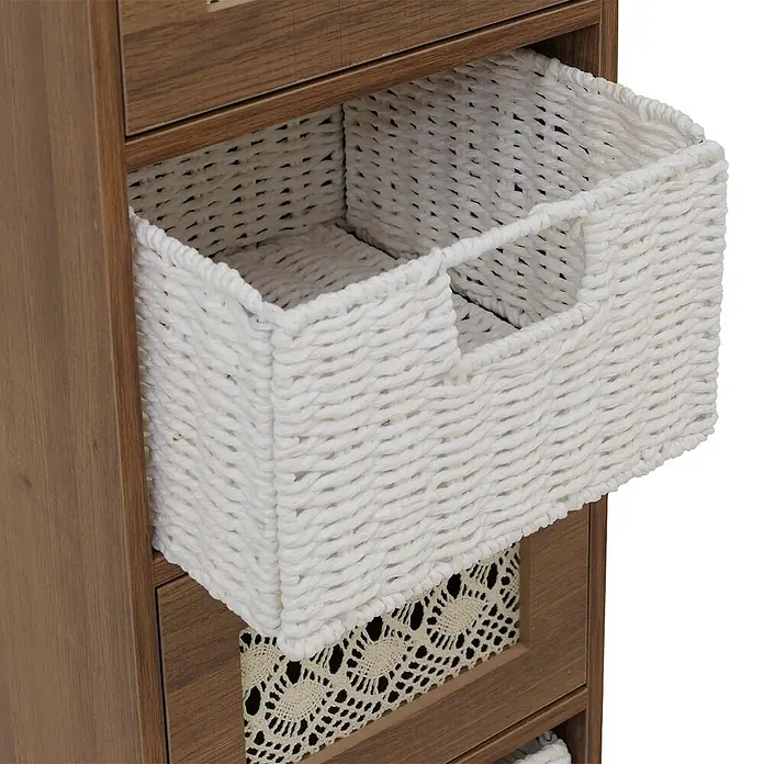 Mendler Kommode HWC-O75 82x30x30cm Holz - braun -  - Weißer geflochtener Aufbewahrungskorb aus einem braunen Holzschrank gezogen, der eine gehäkelte Schublade darunter zeigt.