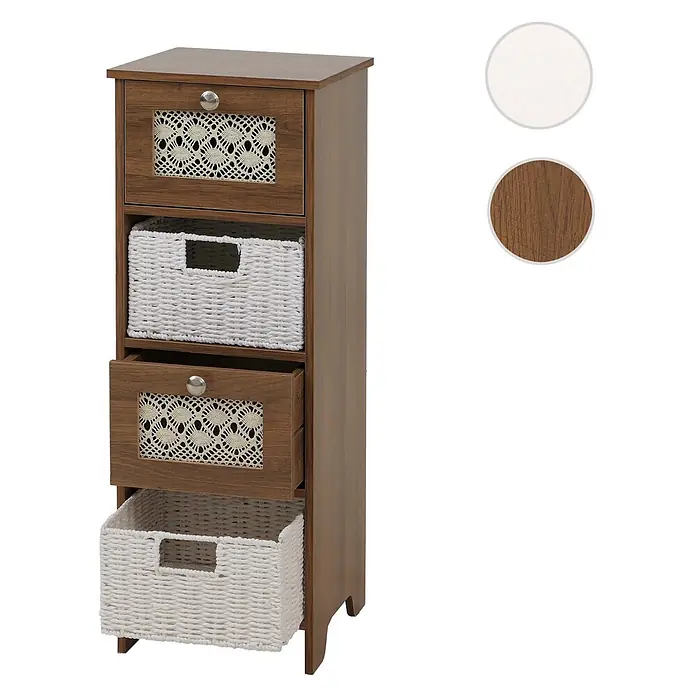 Mendler Kommode HWC-O75 82x30x30cm Holz - braun -  - Schlanker brauner Holzschrank mit zwei Schubladen mit Spitzenblenden und zwei weißen geflochtenen Körben, Schublade und Korb leicht geöffnet.