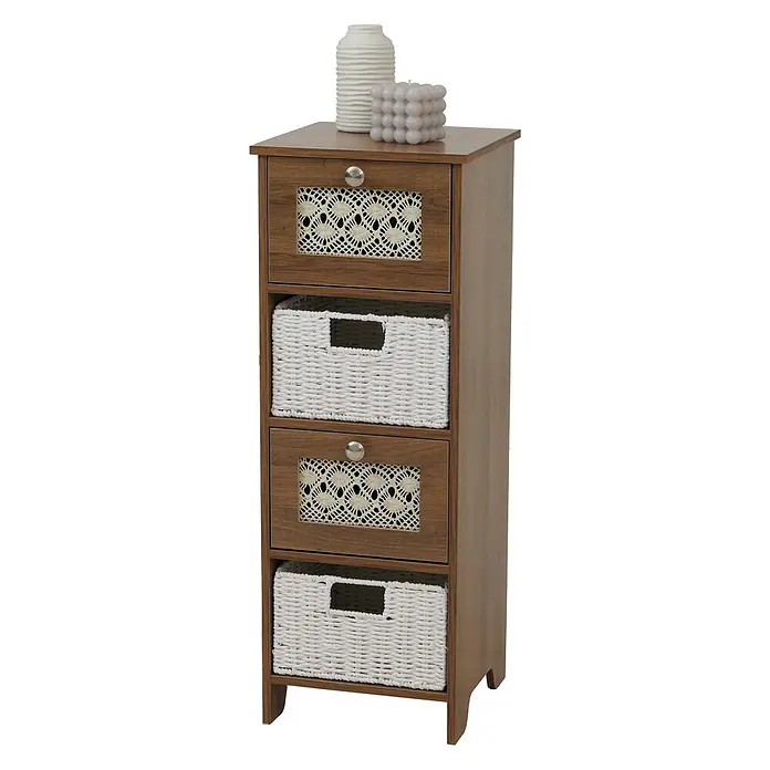 Mendler Kommode HWC-O75 82x30x30cm Holz - braun -  - Hohes braunes Holzregal mit zwei Schubladen mit Häkeldetails, zwei weißen Körben und Deko-Vase und Kerze oben.