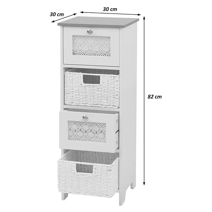 Mendler Kommode HWC-O75 82x30x30cm Holz - braun -  - Weißer Aufbewahrungsschrank (30x30x82 cm) mit grauer Platte, zwei Schubladen mit Spitzenfront und zwei geflochtenen Körben.