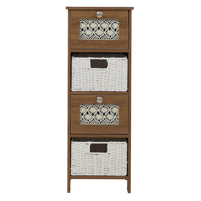 Mendler Kommode HWC-O75 82x30x30cm Holz - braun -  - Brauner Holzschrank mit zwei Schubladen mit weißen Häkelmustern und zwei weißen Weidenkörben.