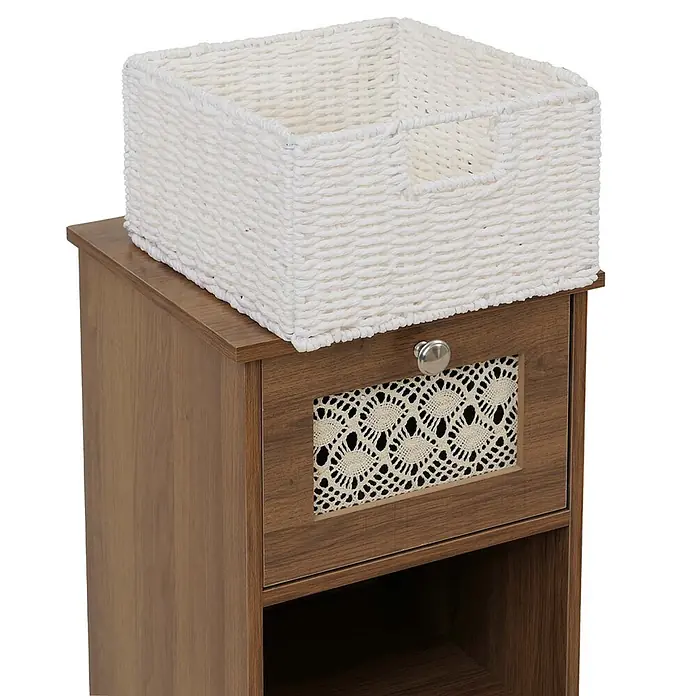 Mendler Kommode HWC-O75 82x30x30cm Holz - braun -  - Nachttisch aus Holz mit Zierschublade und offenem Fach, darauf ein weißer geflochtener Korb.
