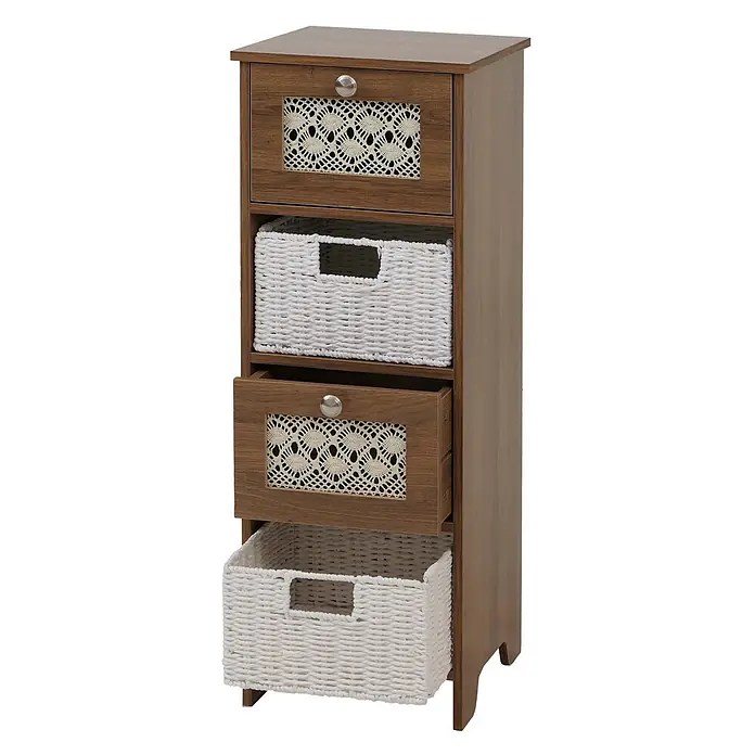 Mendler Kommode HWC-O75 82x30x30cm Holz - braun -  - Braune Holzkommode mit zwei Schubladen mit Häkelpaneelen und zwei weißen Flechtkörben.
