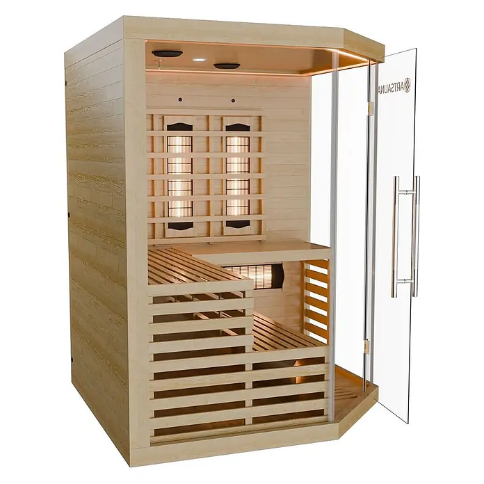 Artsauna Elementsauna - L x B x H: 150 x 150 x 200 cm - Helle Infrarot-Sauna aus Holz mit Glastür und Innenbänken. Leuchtende Infrarotheizungen sind sichtbar.