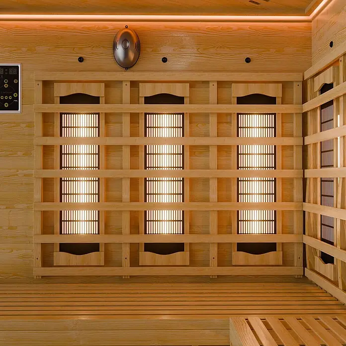 Artsauna Elementsauna - L x B x H: 150 x 150 x 200 cm - Innenansicht einer hellen Infrarotsauna aus Holz mit leuchtenden Heizpaneelen und Bedienfeld an der linken Wand.