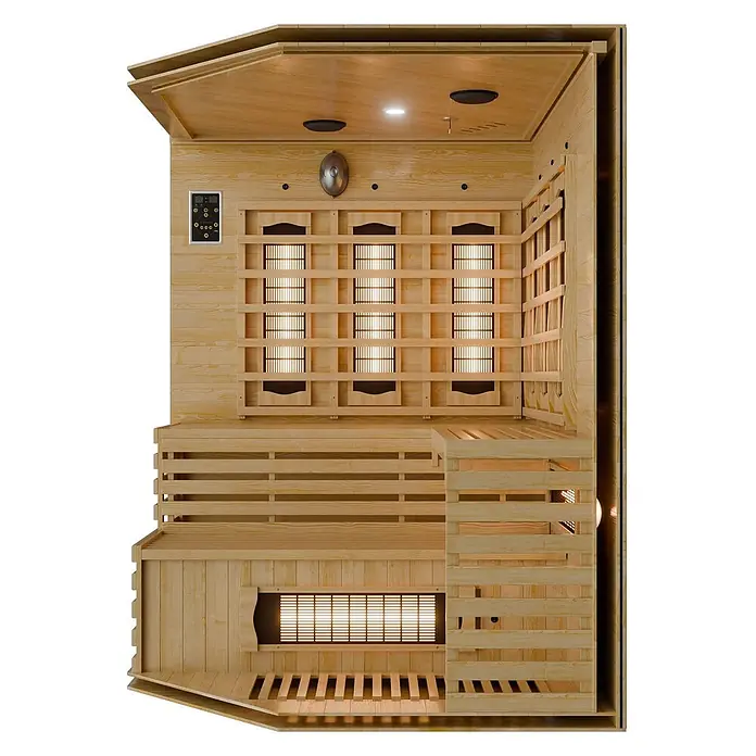 Artsauna Elementsauna - L x B x H: 150 x 150 x 200 cm - Innenansicht einer hellen Infrarotsauna aus Holz mit Bänken, Wandheizungen, Bedienfeld und Deckenbeleuchtung.