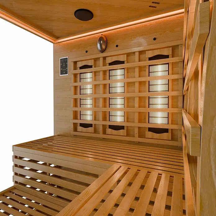Artsauna Elementsauna - L x B x H: 150 x 150 x 200 cm - Infrarotsauna-Innenraum aus hellem Holz mit Lattenbänken, glühenden Infrarotstrahlern und digitalem Bedienfeld.