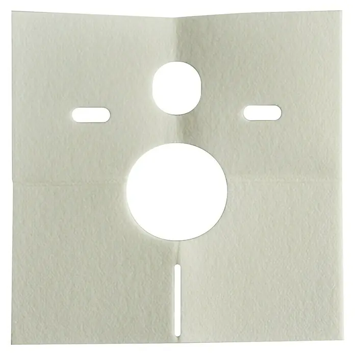 Schallschutz-Set - Geeignet für: Wand-WC + Bidet - Nahaufnahme einer quadratischen, hellen Gesichtsmaske mit mehreren Öffnungen für Augen, Nase und Mund vor schwarzem Hintergrund.