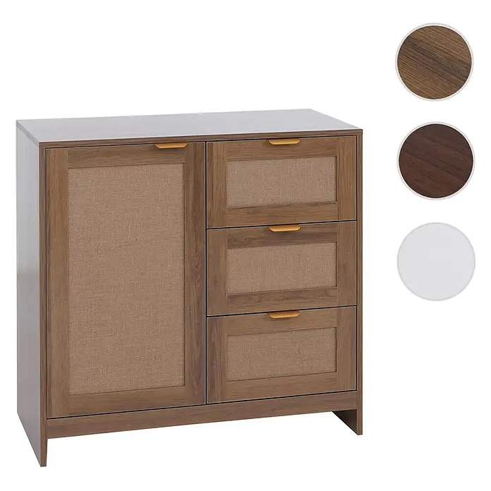 Mendler Kommode HWC-P50 MDF Melamin Leinenfront - braun -  - Hölzernes Sideboard mit einer Tür und drei Schubladen, mit geflochtenen Fronten und goldfarbenen Griffen. Erhältlich in verschiedenen Holzoptiken.