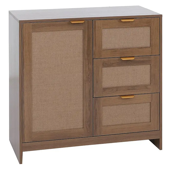 Mendler Kommode HWC-P50 MDF Melamin Leinenfront - braun -  - Brauner Holzschrank mit einer Tür und drei Schubladen, mit gewebten Stoffpaneelen und kleinen goldenen Griffen.