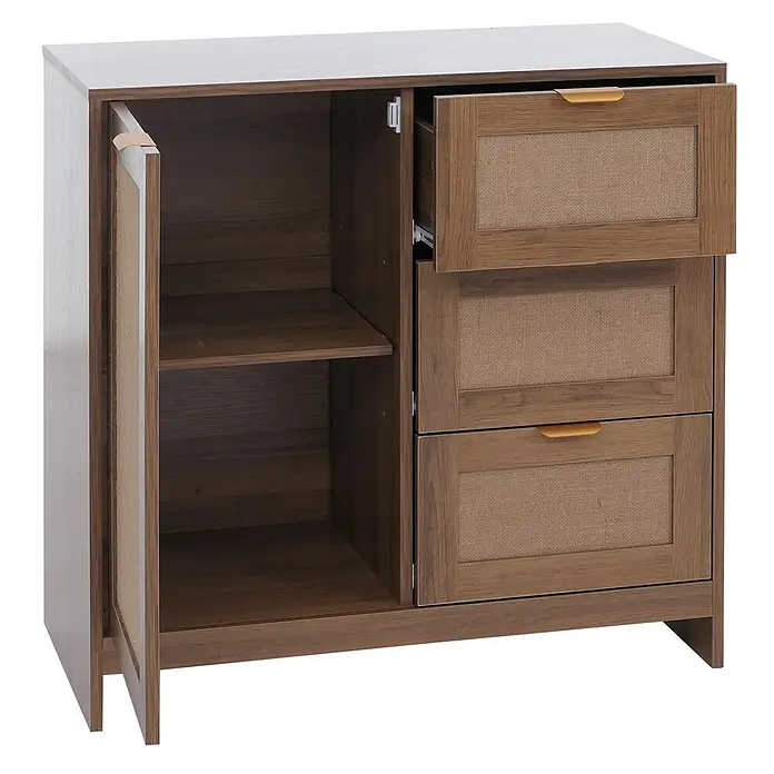 Mendler Kommode HWC-P50 MDF Melamin Leinenfront - braun -  - Holzschrank mit offener Tür und Regal links, drei geflochtenen Schubladen rechts, obere offen.