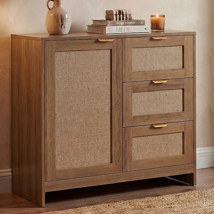 Mendler Kommode HWC-P50 MDF Melamin Leinenfront - braun -  - Hellbrauner Holzschrank mit einer Tür und drei Schubladen, mit strukturierten Stoffeinsätzen und Messinggriffen, mit Deko oben drauf.