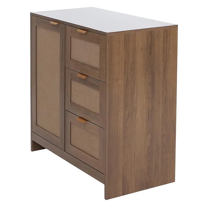 Mendler Kommode HWC-P50 MDF Melamin Leinenfront - braun -  - Brauner Holzschrank mit zwei Türen und drei Schubladen, mit strukturierten Einsätzen und Laschengriffen.