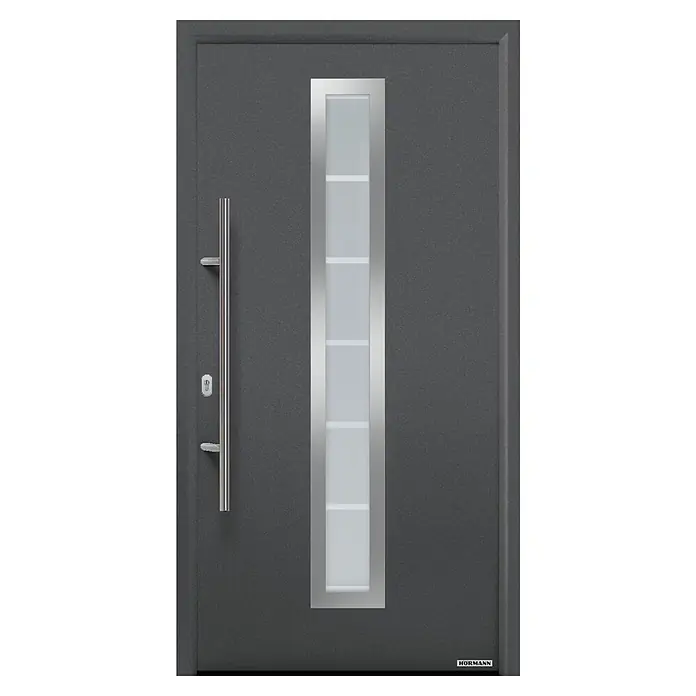 Hörmann EcoStar Haustür IsoPro Secur IPS 700B - DIN Anschlag: Links, 110 x 210 cm, Anthrazit Metallic außen, Verkehrsweiß innen - Dunkelgraue moderne Eingangstür mit vertikalem Milchglaseinsatz und langem Griff aus gebürstetem Metall.