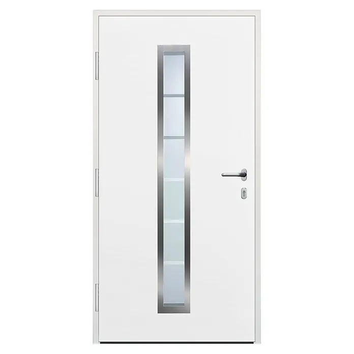 Hörmann EcoStar Haustür IsoPro Secur IPS 700B - DIN Anschlag: Links, 110 x 210 cm, Anthrazit Metallic außen, Verkehrsweiß innen - Weiße moderne Haustür mit vertikaler Glasplatte, Edelstahlrahmen und silbernen Beschlägen.