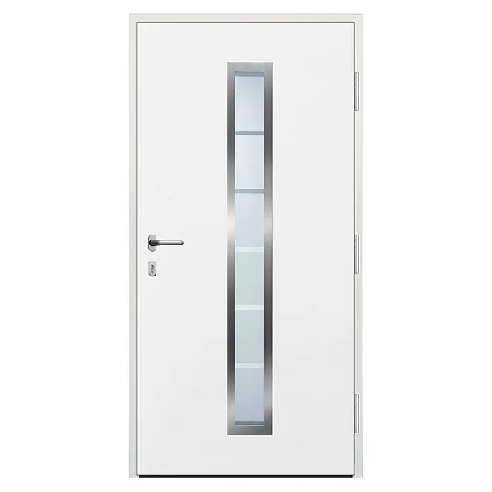 Hörmann EcoStar Haustür IsoPro Secur IPS 700B - DIN Anschlag: Rechts, 110 x 210 cm, Anthrazit Metallic außen, Verkehrsweiß innen - Weiße Tür mit vertikalem Milchglaspanel in gebürstetem Metallrahmen, mit silbernem Griff und Schlüsselloch.