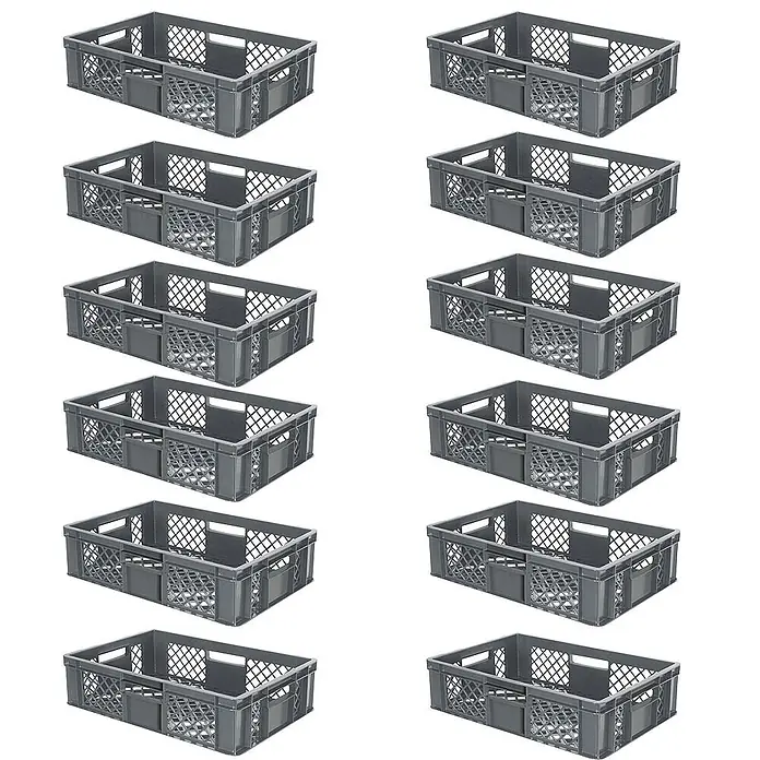 BRB Euroboxen-Set - L x B x H: 60 x 40 x 15 cm, Kunststoff, grau - Zwölf graue Kunststoff-Lagerkisten mit perforierten Seiten, ideal für Organisation und Transport.