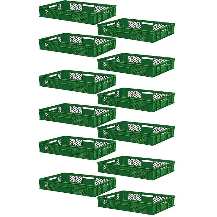 BRB Euroboxen-Set - L x B x H: 60 x 40 x 15 cm, Kunststoff, grün - Mehrere grüne stapelbare Kunststoff-Aufbewahrungskisten.