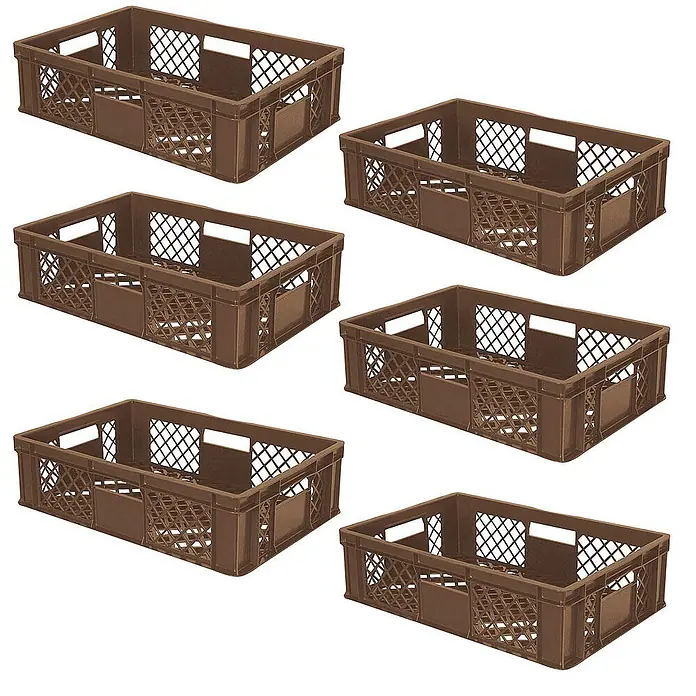 BRB Euroboxen-Set - L x B x H: 60 x 40 x 15 cm, Kunststoff, braun - Sechs braune stapelbare Lagerkisten aus Kunststoff mit Gitterseiten.