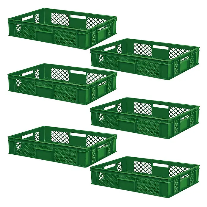 BRB 6x Eurobehälter/Stapelkorb durchbrochen, PE-HD, Industriequalität, lebensmittelecht, LxBxH 600x400x150 mm, grün -  - Sechs grüne stapelbare Kunststoff-Aufbewahrungskörbe mit perforiertem Design.