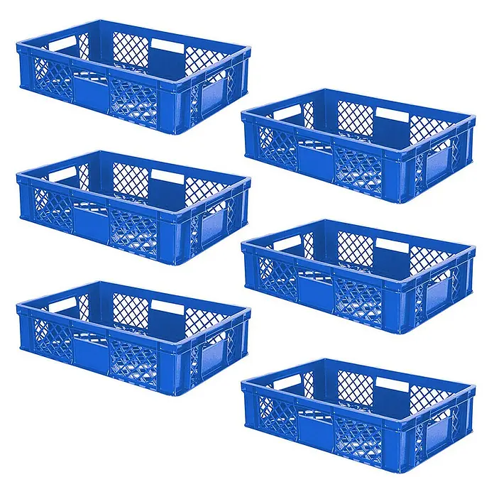 BRB Euroboxen-Set - L x B x H: 60 x 40 x 15 cm, Kunststoff, blau - Sechs blaue Kunststoff-Lagerkisten mit perforierten Seiten.