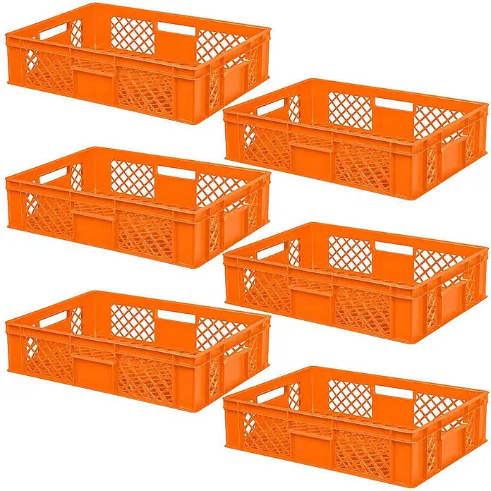 BRB Euroboxen-Set - L x B x H: 60 x 40 x 15 cm, Kunststoff, orange - Sechs orangefarbene Kunststoffkisten mit Gitterdesign, geeignet für Lagerung und Transport.