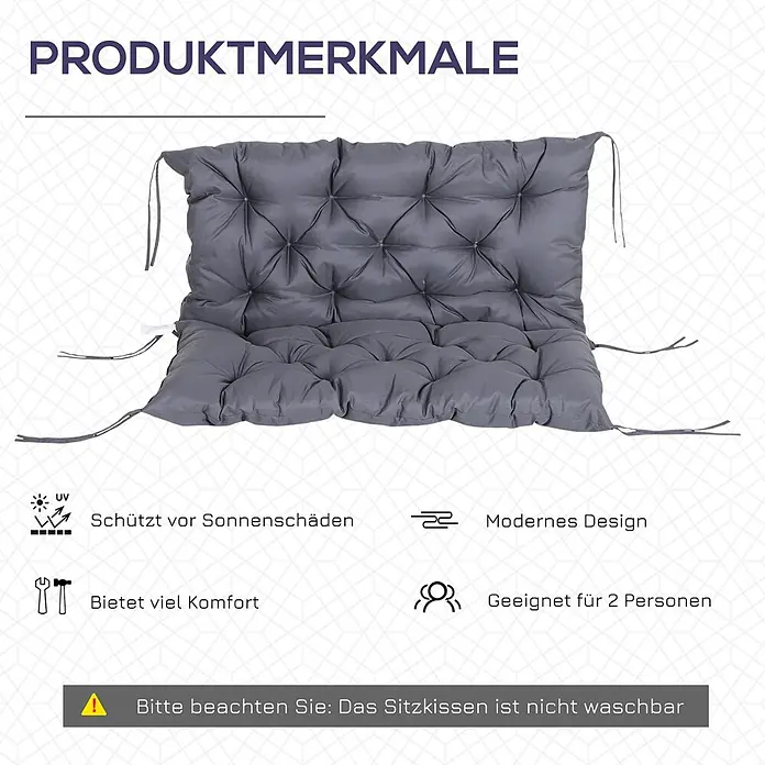 SONNENH Bankauflage - 1 Stk., L x B x H: 100 x 98 x 8 cm, Polyester, Dunkelgrau - Graues, gestepptes Sitzkissen mit Bändern zum Befestigen.