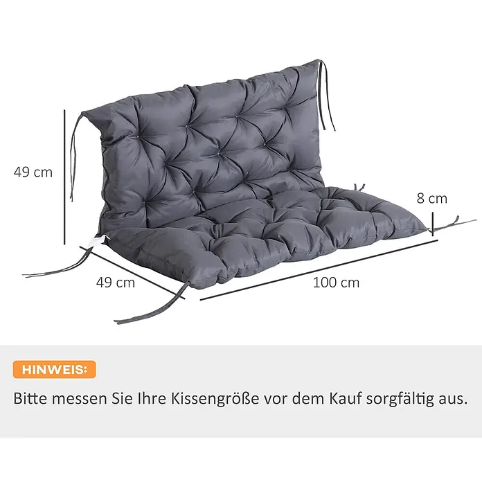 SONNENH Bankauflage - 1 Stk., L x B x H: 100 x 98 x 8 cm, Polyester, Dunkelgrau - Graues gestepptes Kissen mit Bändern, 100x49x8 cm.