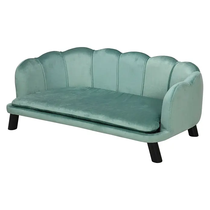 SONNENH Haustierbett - 98,5 x 60,5 x 35,5 cm, Textil, Grün - Minzgrünes Samt-Haustiersofa mit gewellter Rückenlehne, abnehmbarem Kissen und schwarzen Beinen.