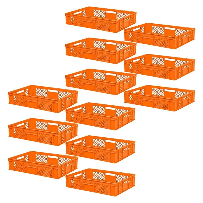BRB Euroboxen-Set - L x B x H: 60 x 40 x 15 cm, Kunststoff, orange - Mehrere orangefarbene Kunststoff-Bäckerkörbe für Lagerung und Transport.