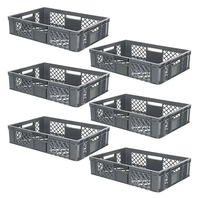 BRB Euroboxen-Set - L x B x H: 60 x 40 x 15 cm, Kunststoff, grau - Graue rechteckige Kunststoff-Lagerkisten mit perforierten Seiten.