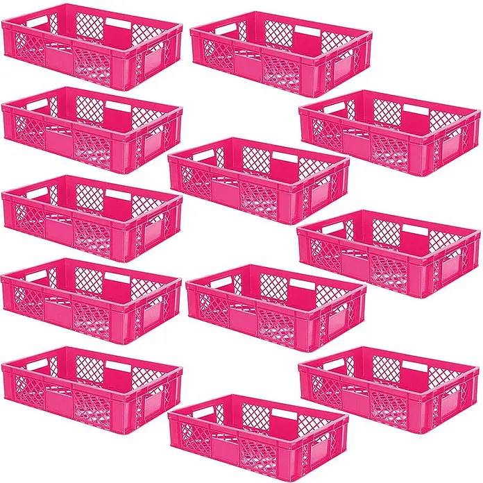 BRB 12x Eurobehälter/Stapelkorb durchbrochen, PE-HD, Industriequalität, lebensmittelecht, LxBxH 600x400x150 mm, pink -  - Mehrere pinkfarbene Kunststoffkisten.