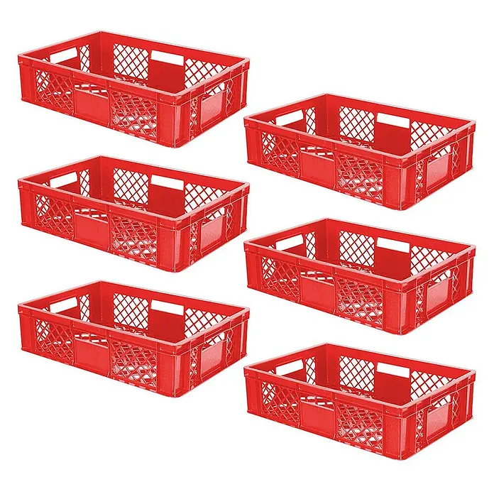 BRB Euroboxen-Set - L x B x H: 60 x 40 x 15 cm, Kunststoff, rot - Sechs rote Kunststoff-Lagerkisten mit perforiertem Design.