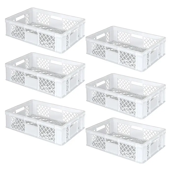 BRB Euroboxen-Set - L x B x H: 60 x 40 x 15 cm, Kunststoff, weiß - Sechs weiße rechteckige Kunststoffkisten mit Gitterseiten zur vielseitigen Aufbewahrung.