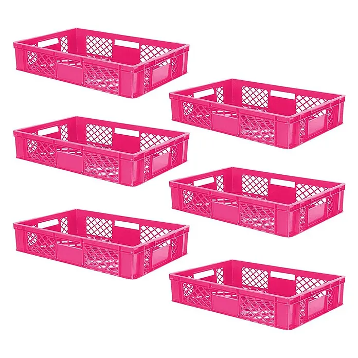BRB Euroboxen-Set - L x B x H: 60 x 40 x 15 cm, Kunststoff, pink - Sechs pinkfarbene Kunststoff-Lagerkisten.
