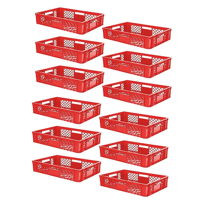 BRB Euroboxen-Set - L x B x H: 60 x 40 x 15 cm, Kunststoff, rot - Mehrere rote, rechteckige Kunststoff-Stapelbehälter mit gelochten Seiten.