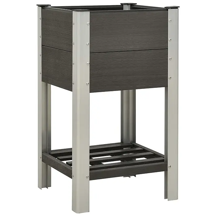 Furnicato Hochbeet WPC Grau 50 x 50 x 90 cm mit Ablageboden -  - Dunkelgraues Hochbeet mit Holzoptik, silbernem Metallrahmen und einer unteren Lattenablage.