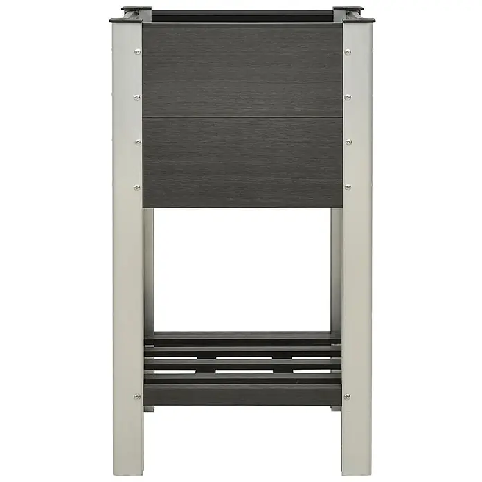 Furnicato Hochbeet WPC Grau 50 x 50 x 90 cm mit Ablageboden -  - Hochbeet mit dunkelgrauem WPC-Pflanzkasten und Lattenablage, getragen von silbernen Aluminiumbeinen.