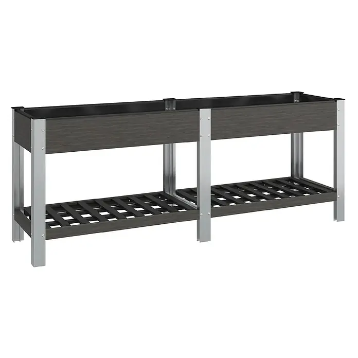 Furnicato Garten-Hochbeet WPC Grau 200 x 50 x 75 cm -  - Langer Hochbeet-Pflanzkasten mit dunkelgrauen Holzoptik-Behältern und Lattenablage auf silbernem Metallrahmen.