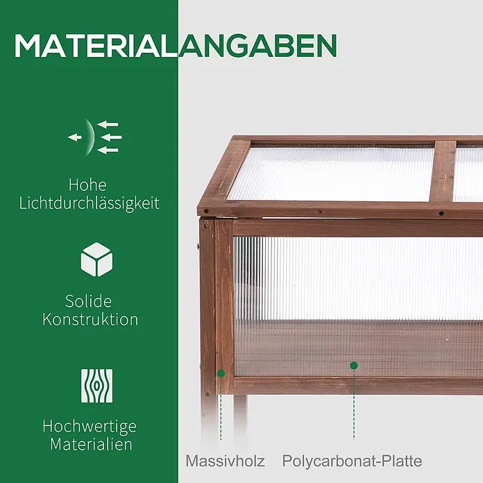 Furnicato Hochbeet - 90 x 50 x 93 cm, Verbundwerkstoff, Braun - Nahaufnahme eines Gewächshauses aus Massivholz und transparenten Polycarbonatplatten.