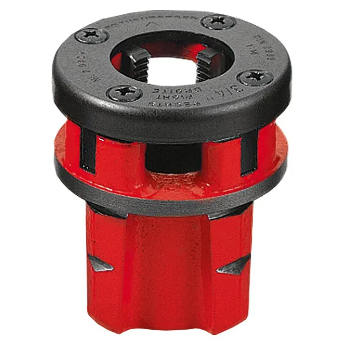 Rothenberger Industrial Cabezal de corte con rosca - 1″ - Primer plano de una terraja de tubos roja y negra, una herramienta para crear roscas en tubos, mostrando su diseño robusto y preciso.