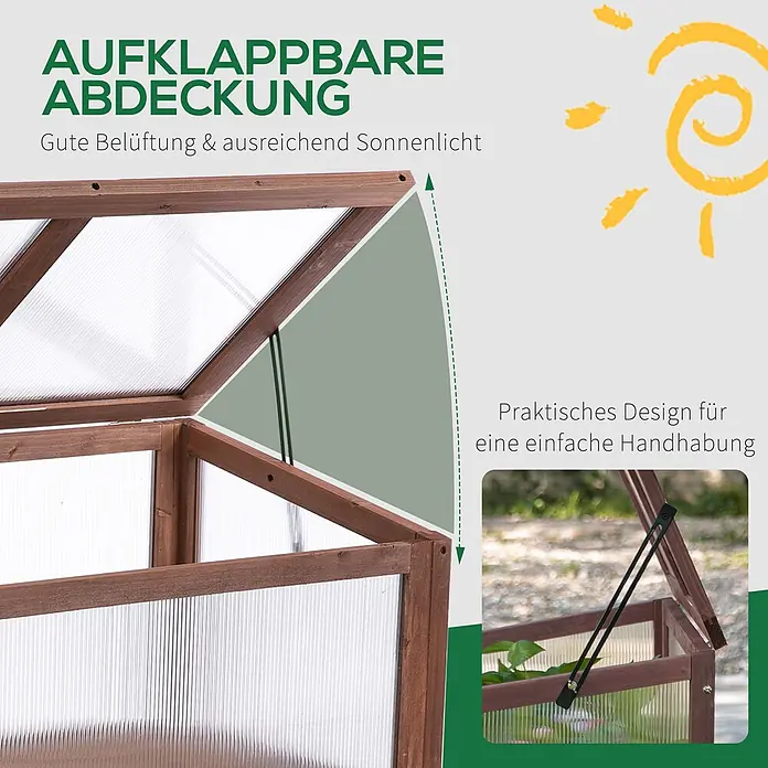 Furnicato Hochbeet - 90 x 50 x 93 cm, Verbundwerkstoff, Braun - Braunes Holzfrühbeet mit transparenten Paneelen und aufklappbarem Deckel, zur Belüftung und Lichteinfall geöffnet.