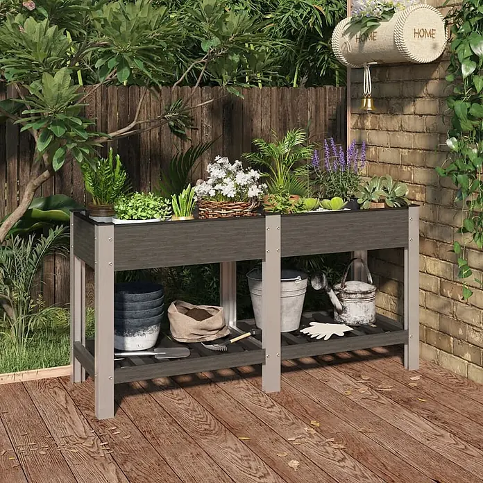 Furnicato Garten-Hochbeet WPC Grau 150 x 50 x 75 cm -  - Dunkelgraues zweiteiliges Hochbeet mit hellgrauem Rahmen, bepflanzt, auf Holzterrasse.