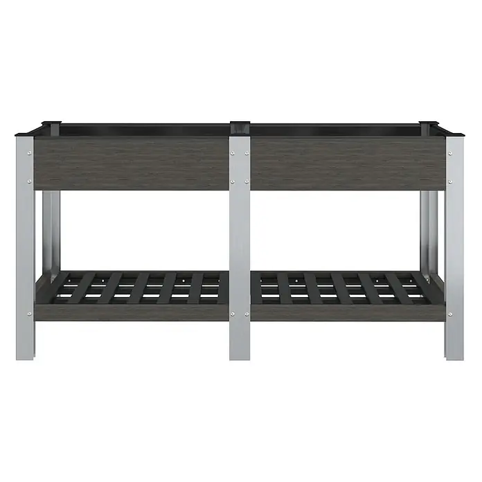 Furnicato Garten-Hochbeet WPC Grau 150 x 50 x 75 cm -  - Erhöhtes Hochbeet mit zwei dunkelgrauen Holzoptik-Pflanzkästen und einem silbernen Metallrahmen. Unten befindet sich ein Lattenrost zur Ablage.
